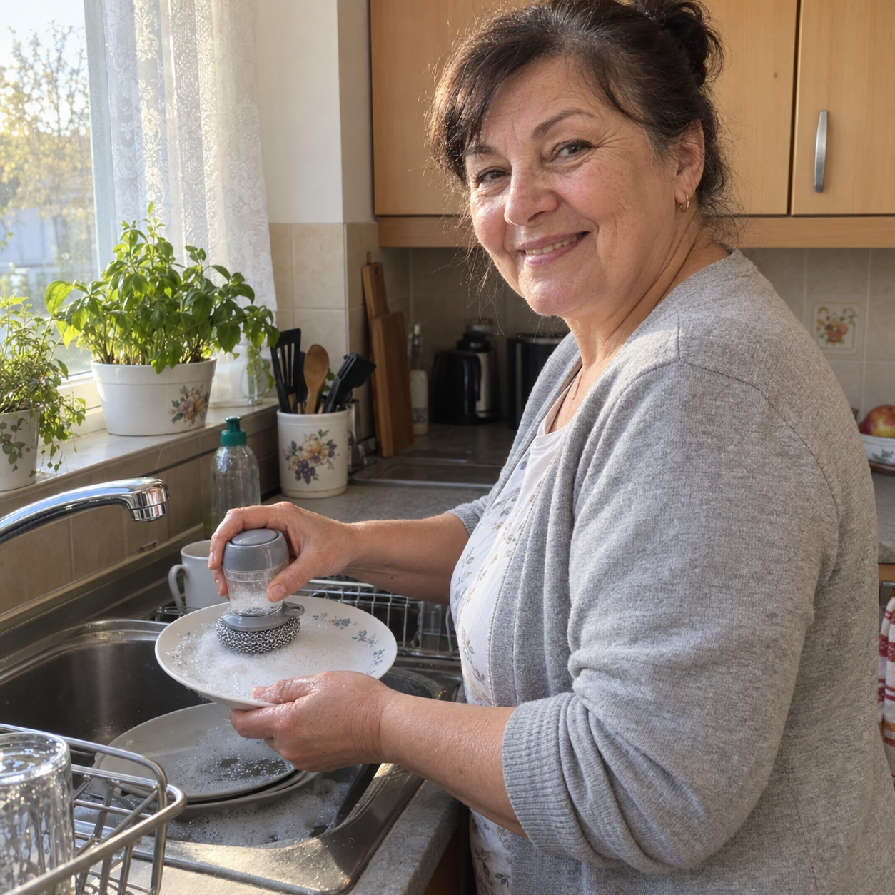 Katarzyna prezentująca myjkę SoapScrub